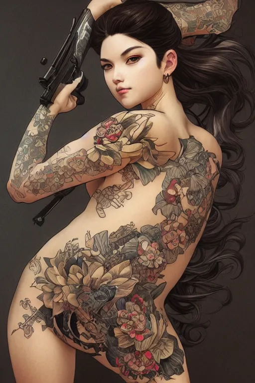 Image similar to tattooed yakuza girl holding a gun, intricate, elegant, highly detailed, digital painting, artstation, concept art, smooth, sharp focus, illustration, art by artgerm and greg rutkowski and alphonse mucha and william - adolphe bouguereau