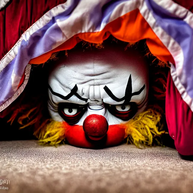 Image similar to scary clown hiding under bed highly detailed, 8 k, hdr, smooth, sharp focus, high resolution, award - winning photo