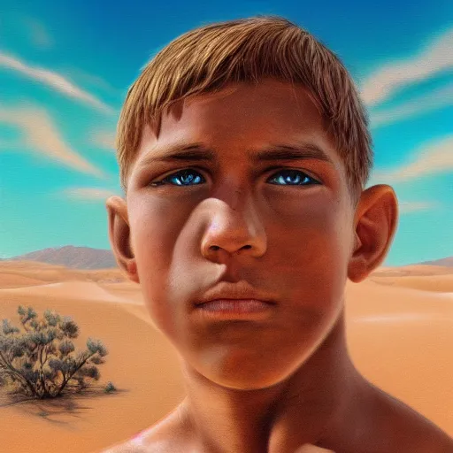 Image similar to a detailed portrait of a tan boy in the desert, fantasy art illustration, incredibly highly detailed and realistic, 8 k, sharp focus