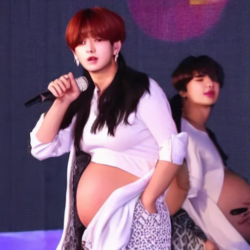 Image similar to pregnant jungkook from bts with big belly on stage, photograph