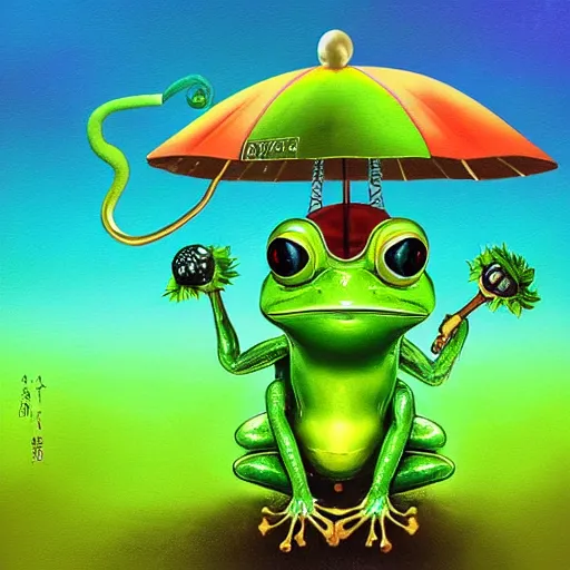 Prompt: “High quality surrealistic image of a frog with seven heads, holding an umbrella made of leaves above each one, Gentaro Komaki, artstation”