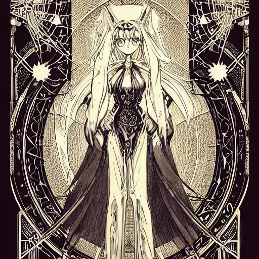 Prompt: precisely drawn illustration of anime spooky high priestess of an earth goddess, old-fashioned tarot card, victorian playing card, sepia tone, wide angle, sharp, fine details, anime, manga, cyberpunk, intense line art, 8k, precise linework, realistic, shaded lighting by katsuhiro otomo ghost-in-the-shell, magali villeneuve, artgerm, rutkowski Jeremy Lipkin and Giuseppe Dangelico Pino and Michael Garmash and Rob Rey