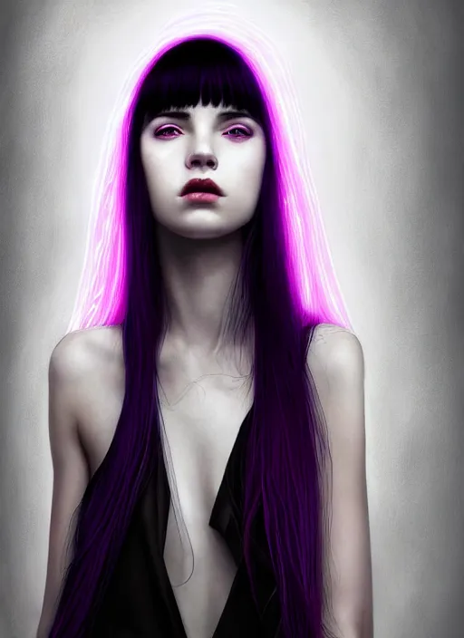 Image similar to portrait of teenage girl, red irises, bangs, black and white hair, white bangs, purple clothes, white bangs, two color hair, black hair and white bangs, intricate, elegant, glowing lights, highly detailed, digital painting, artstation, concept art, smooth, sharp focus, illustration, art by wlop, mars ravelo and greg rutkowski