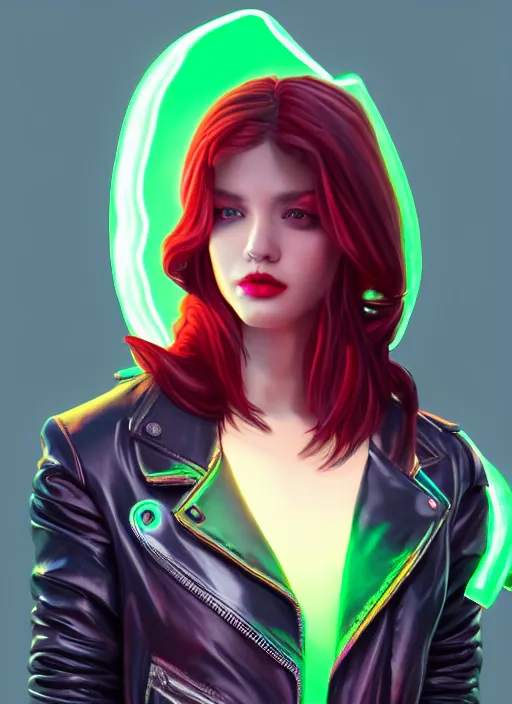 Image similar to pretty young woman with shoulder length shiny shimmering dark red hair and wearing a stuffed leather jacket with the glow of neon lights illuminating her, path traced, highly detailed, high quality, digital painting, by cd projekt red, cyberpunk,