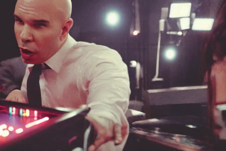 Image similar to pitbull playing a pitbull pinball machine, over the shoulder perspective, in 1 9 8 5, y 2 k cybercore, industrial low - light photography, still from a kiyoshi kurosawa movie