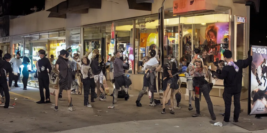 Image similar to crowd of crazy people with posters attack cosplayers in front of stores in los angeles with light screens all over the street, photorealism, professional lighting, lantern lighting, japanese chill photos, conceptual art