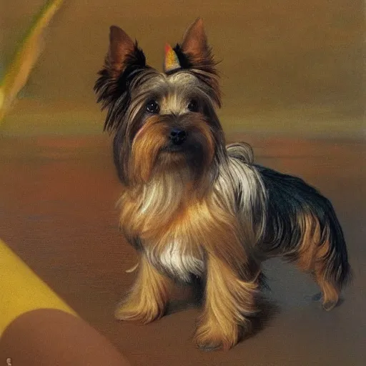 Prompt: a gray and brown Yorkshire Terrier under a rainbow at sea by Michael Sowa, head and shoulders portrait, golden hour, extremely detailed masterpiece, oil on canvas, by J. C. Leyendecker and Peter Paul Rubens and Edward Hopper and Michael Sowa,