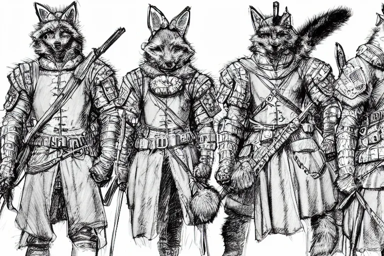 Image similar to pen and ink study of a group of furry soldiers with animal ears in a in a late renaissance city, key visual with intricate linework, in the stlye of kim jung gi and moebius