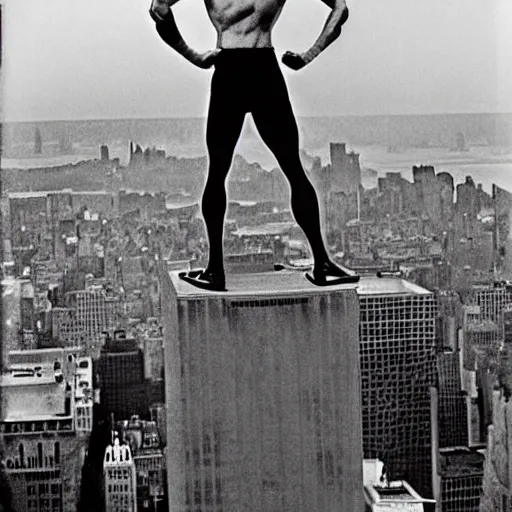 Prompt: superman from back hands on waist standing on top of the empire state building strong stance photo by annie leibovitz