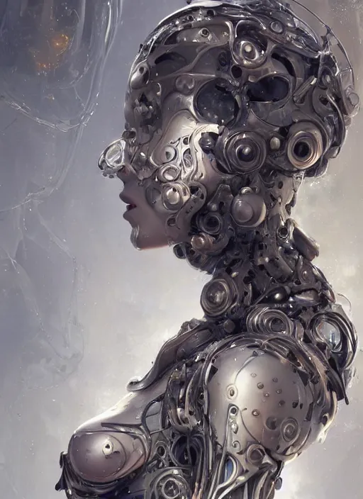 Prompt: a beautifull white cast futuristic biomechanical humanoid woman side portrait with pretty face in intricate detailed color smashing fluid oilpaint, melting wax, thin fractal tendrils, futuristic digital painting, cyberpunk, 8 k, hyper detailed, octane render, concept art, by peter mohrbacher, by wlop, by ruan jia,