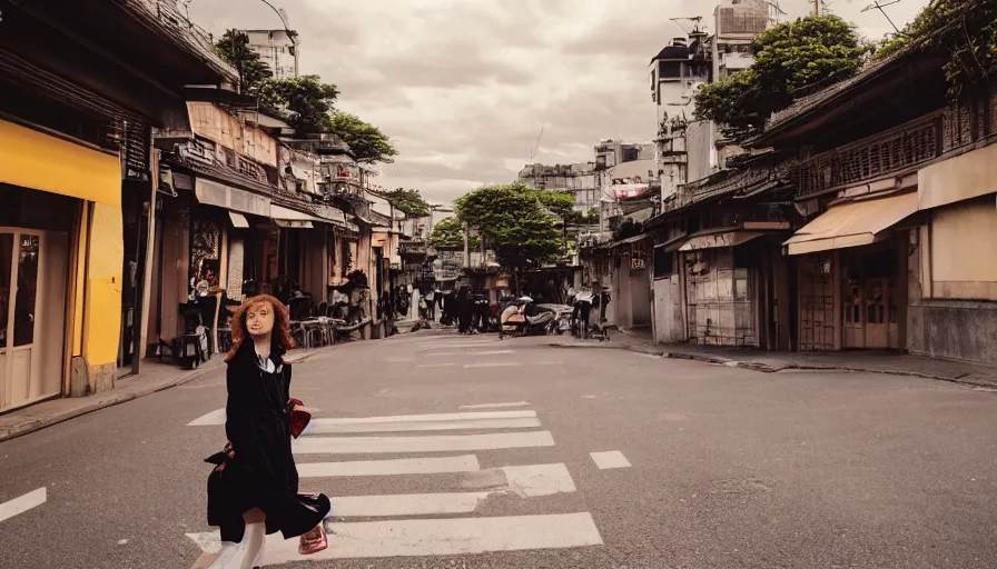 Image similar to a 3 5 mm photo by petra collins of a beautiful day in a city that looks like toyko, paris, kyoto and jiufen, cinematic lighting, cinematic look, golden hour, the clouds are epic and colorful with cinematic rays of light, a girl walks down the center of the street in a gucci dress, uhd