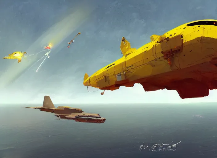 Image similar to a painting of a futuristic yellow submarine plane flying through the sky, red wings, concept art by Ian McQue, cgsociety, highly detailed, artstation, concept art, sci-fi