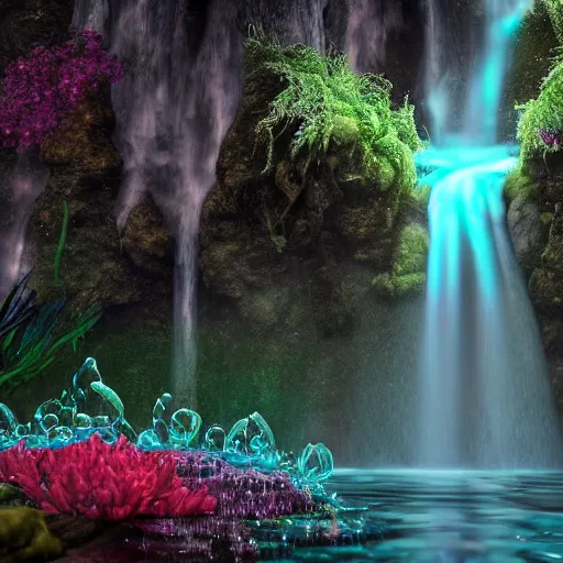 Image similar to ultra realistic 3 d render of a goddess made of water and flowers rising out of the water dripping by anwar mostafa and farid ghanbari, beautiful, bioluminescent, ethereal, mist, waterfall