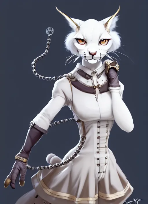 Image similar to wide angle beautiful full body portrait of a strong female anthropomorphic anthro white lynx fursona wearing a steampunk dress. character design by disney, anime, manga, charlie bowater, ross tran, artgerm, and makoto shinkai, detailed, soft lighting, rendered in octane