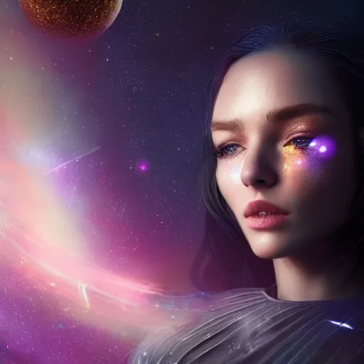 Image similar to woman portrait made out of galaxies floating in space, saturn, highly detailed, beautiful, realistic, comic book art, unreal engine, octane render, sharp focus, spaceship