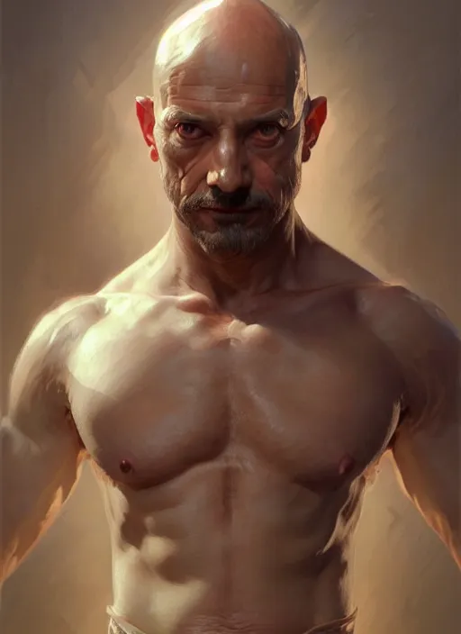 Prompt: Portrait of a man, bald, scarred! D&D, muscular, robes, intricate, elegant, highly detailed, digital painting, artstation, concept art, smooth, sharp focus, illustration, art by artgerm and greg rutkowski and alphonse mucha