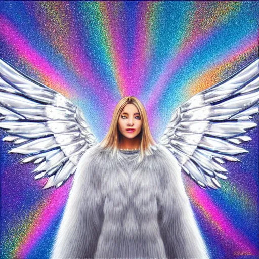 Image similar to highdetailed hyperrealistic painting of silver holographic angel in the hood lightning hands with silver sparkles!!!, giant silver ball on the chest!!!!!, 4 k hd fur face!!!, big wings, by jan van eyck, holography space, white sparkles everywhere, thin strokes, white monochrome color!!!!!, hyperrealism textures