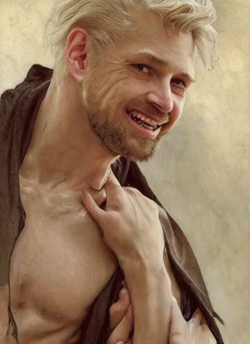 Image similar to a man in his 4 0 s with blonde hair and a friendly smiling face and scars on his arms. he is wearing a tattered grey cloak. portrait painting by artgerm and greg rutkowski and alphonse mucha.