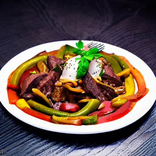 Image similar to lomo saltado, michelin star restaurant, award winning photo, food photography, 4 k