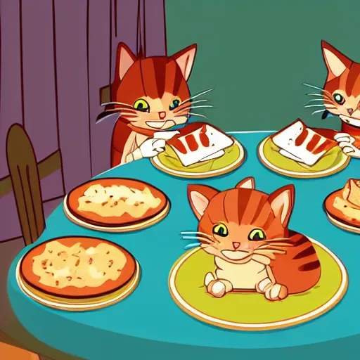 Prompt: cartoon cats having a nice dinner