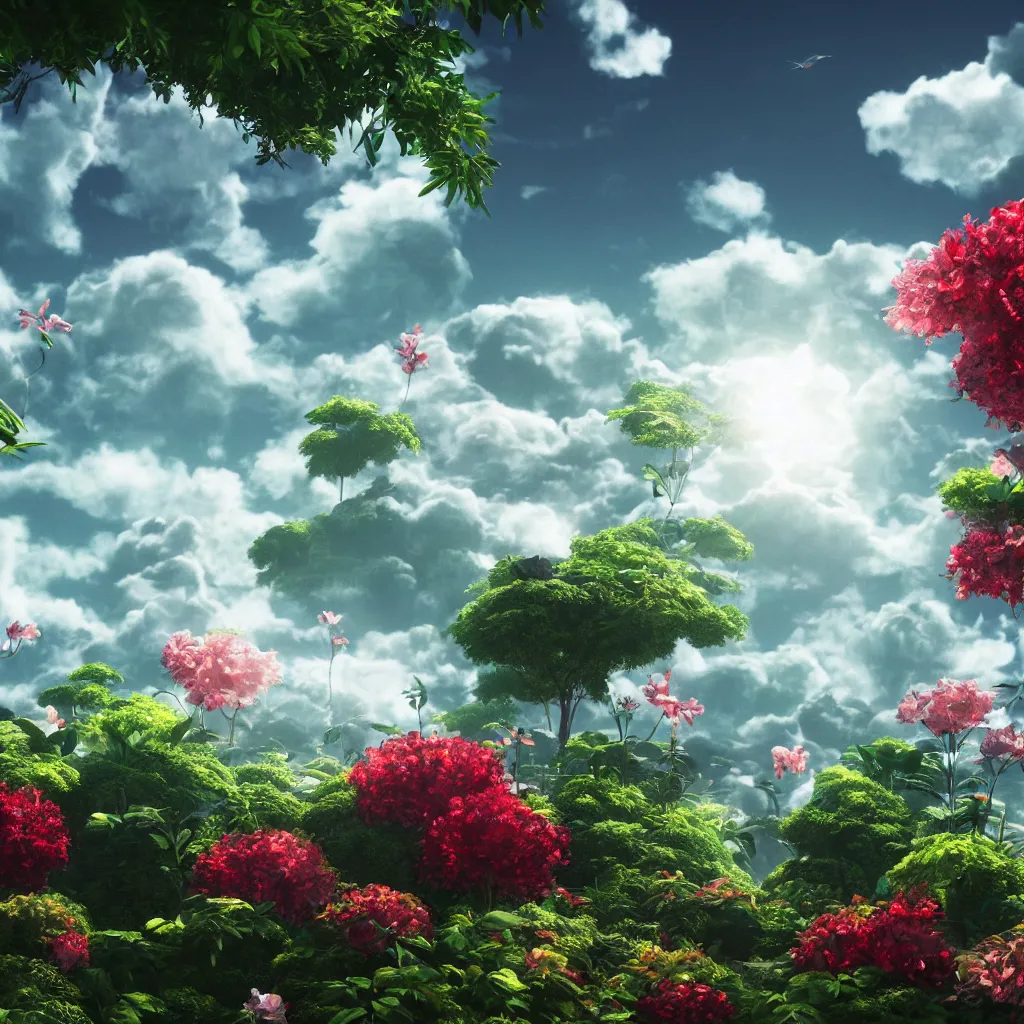 Prompt: city in the sky, flying island, white fluffy cloud, monocular, volumetric light, leaves foliage and stems, hibiscus flowers, alexander mcqueen, rim light, studio ghibli 8 k