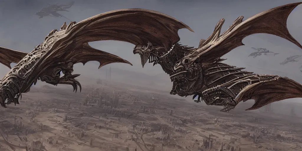 Prompt: giger steampunk wyvern flying over huge desert city, in style of federico pelat greg rutkowski