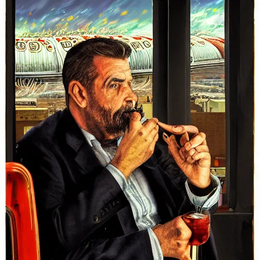 Prompt: mr. house, realistic, highly detailed face, looks at the big explosion, nuclear fungus, explosion, from the window of the lucky 3 8 casino, man smokes a cigar,! holding in his hand!, arm, cigarette advertising, hyperdetailed, artstation trending, ultra hd, artstation, photorealism, ultrarealistic, retro, 4 5 mm, elegant,