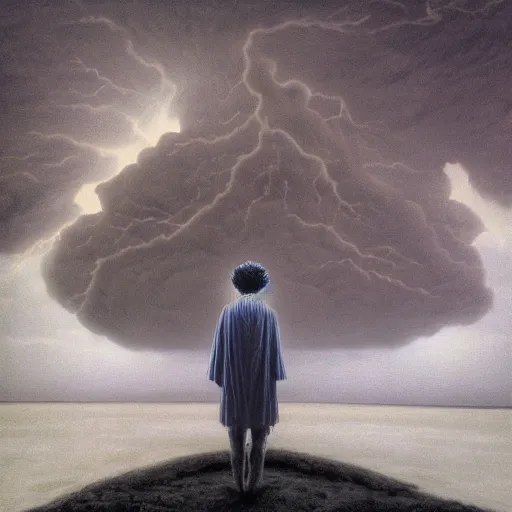 Image similar to killua zoldyck made by zdzisław beksinski, thunderstorm, 8 k, detailed, cinematic, rain, crying, black