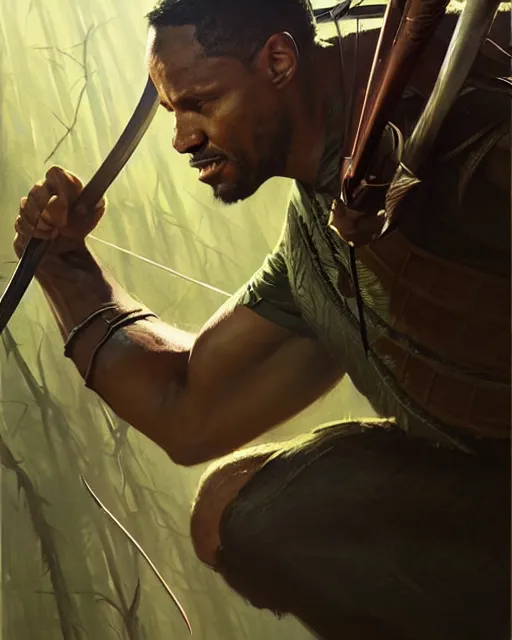 Prompt: robin hood fighting the predator. realistic shaded lighting poster by greg rutkowski, magali villeneuve, artgerm, jeremy lipkin and michael garmash and rob rey