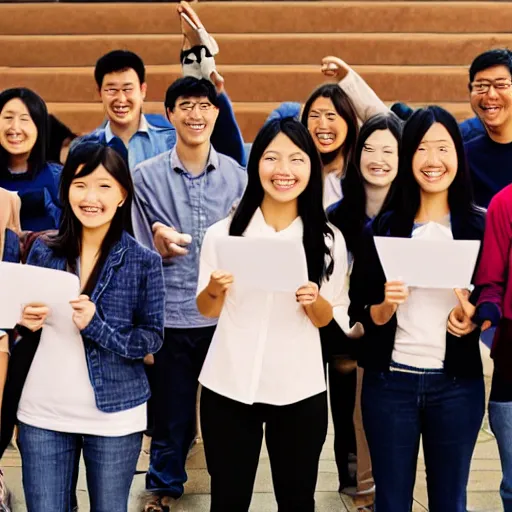 Prompt: Photograph of a group of happy asian mathematicians. Highly realistic. Highly detailed. High resolution. Dramatic. 8k