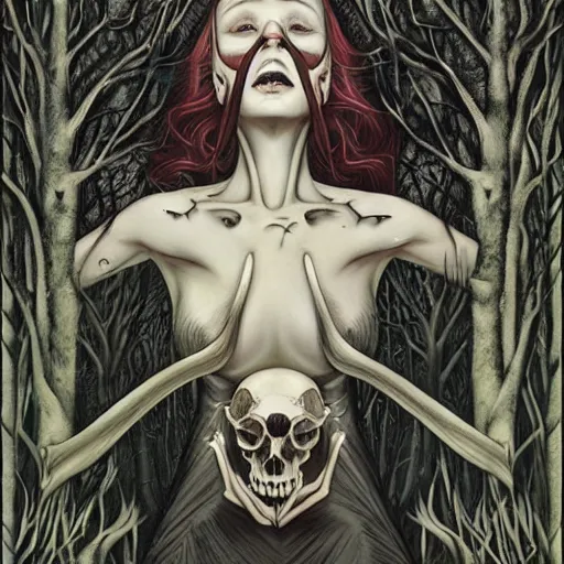 Image similar to an epic horrific wiccan gothic painting of a mother - nature witch cult woman wearing a deer skull, in a moonlit forest by gerald brom by junji ito by vanessa lemen by charlie bowater