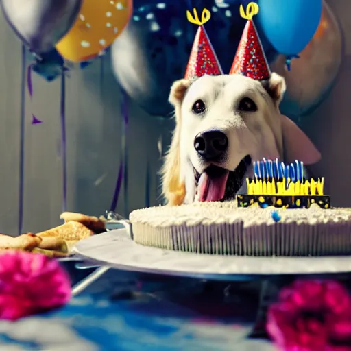 Prompt: large dog eating a birthday cake, photorealistic, 3 5 degree shot, movie still