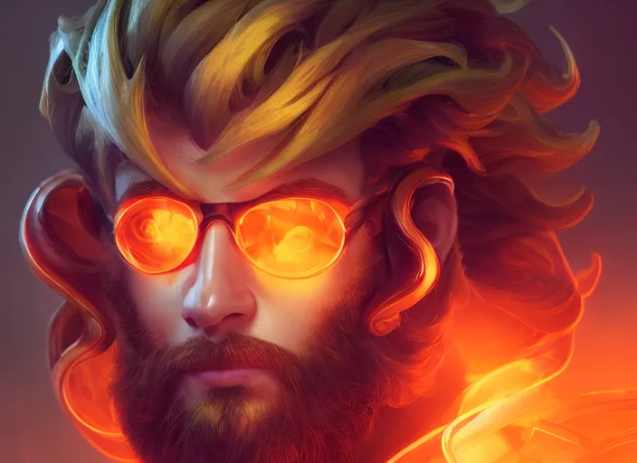 Image similar to glowwave portrait of curly orange haired man on a dark background from league of legends, au naturel, hyper detailed, digital art, trending in artstation, cinematic lighting, studio quality, smooth render, unreal engine 5 rendered, octane rendered, art style by pixar dreamworks warner bros disney riot games