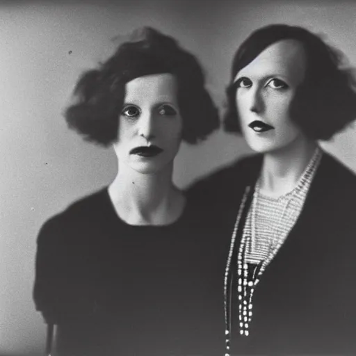 Image similar to portrait of alien beings from the 1920s, 85mm, by Diane Arbus, black and white, bokeh