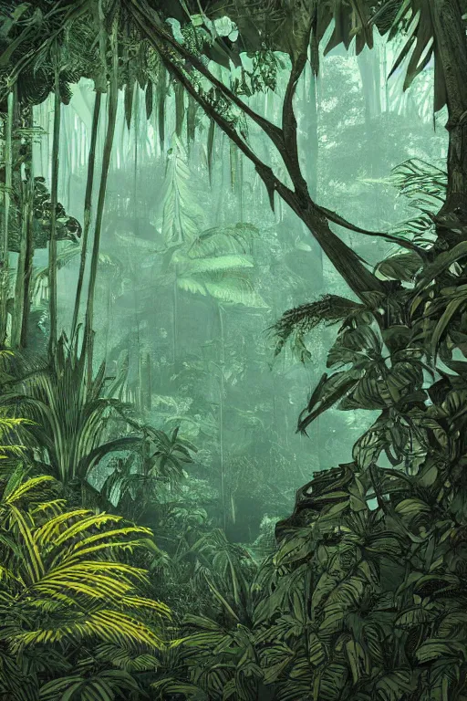 Image similar to a beautiful woodcut print of a lush jungle, 8 k, frostbite 3 engine, cryengine, dof, trending on artstation, digital art, crepuscular ray, art by valerie lueth and tugboat printshop