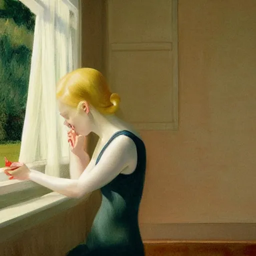 Image similar to Painting of Elle Fanning summoning the devil, long blonde hair, delicate, pale milky white porcelain skin, by Edward Hopper. Extremely detailed.