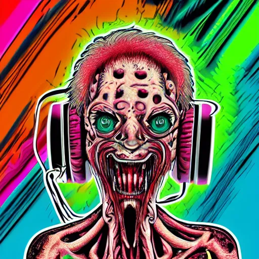 Prompt: artgerm, psychedelic laughing cronenberg friendly looking horror creature, rocking out, headphones dj rave, digital artwork, r. crumb, svg vector