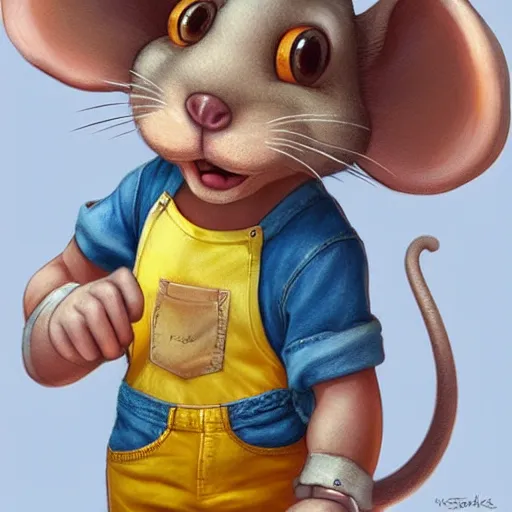 Image similar to anthropomorphic mouse wearing denim short shorts and yellow tank top, highly detailed, artgerm style, artstation, soft light, sharp focus, illustration, character design, concept art