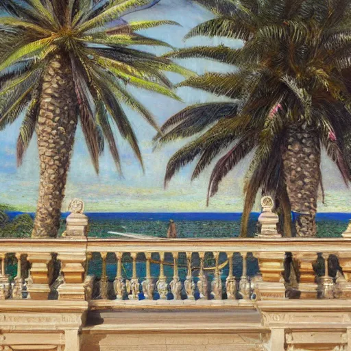 Image similar to a ultradetailed beautiful painting of the amazonas palace balustrade designed by jules bastien - lepage, hans belmer, frank weston and gustave baumann, beach, trending on artstation, mediterranean, palm trees, refracted color sparkles, sharp focus, soft light, 8 k 4 k