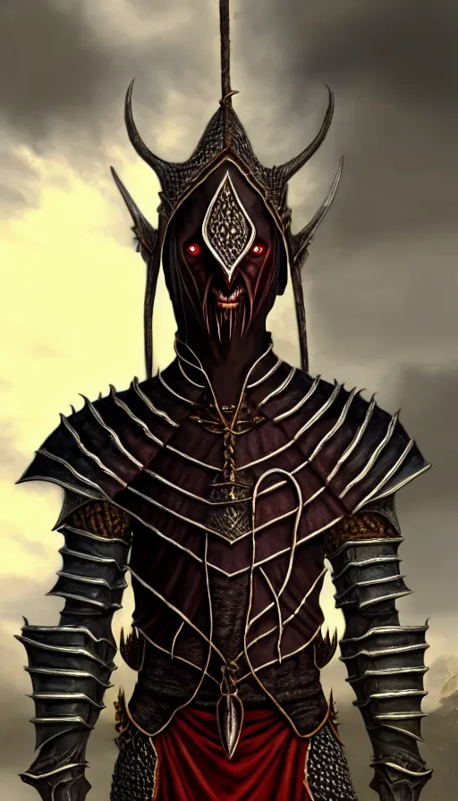 Image similar to hyperrealistic full body image of morrowind dunmer male nerevarine in front of balmora, red eyes, 3 / 4 portrait, symmetrical face, handsome face, full body dnd character portrait, medieval armor, morrowind armor, oblivion armor, skyrim armor, eso armor, intricate, highly detailed, elegant, 4 k, artstation, deviantart