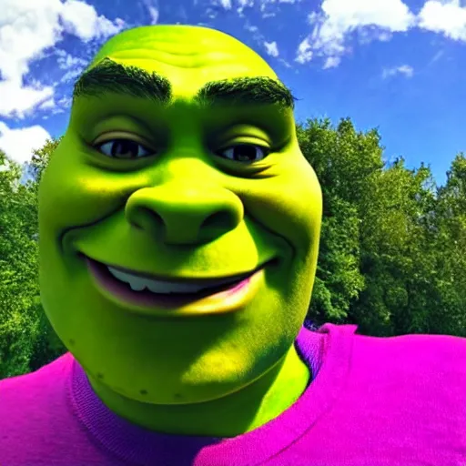 Image similar to shrek takes an accidental selfie,