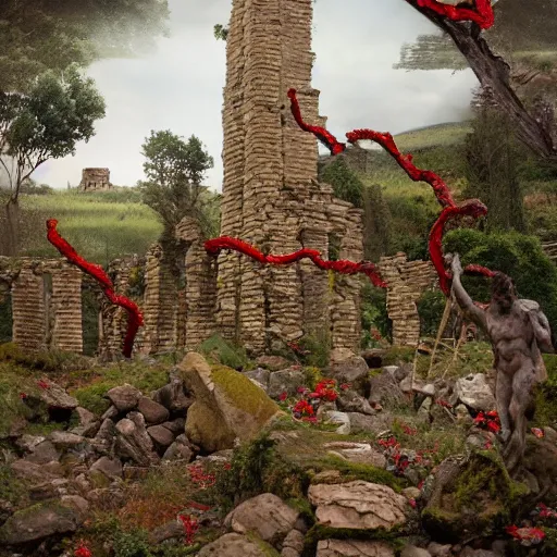 Prompt: the ruins of a village made out of stone, overgrown with red vines, with a broken stone statue of a man holding a sword in the middle of the ruins