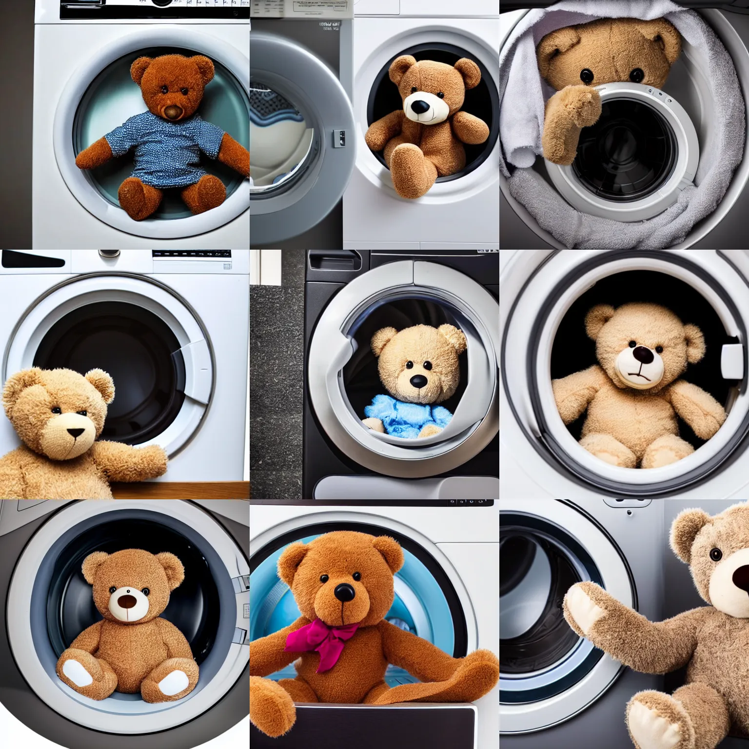 Prompt: a teddy bear inside a washing machine