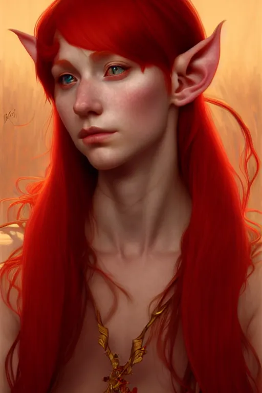Prompt: portrait of a red - haired elf using the golden ratio, highly detailed, digital painting, artstation, sharp focus, illustration, art by tan zi and ayanamikodon and alphonse mucha and wlop