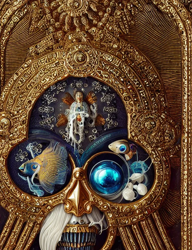 Image similar to russian orthodox icon macro close - up portrait with mask made of ram skull. betta fish, jellyfish phoenix, bioluminiscent, plasma, ice, water, wind, creature, super intricate ornaments artwork by tooth wu and wlop and beeple and greg rutkowski