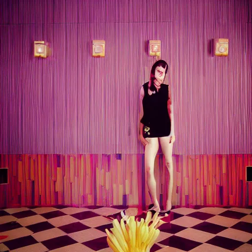 Image similar to giant flower head, frontal, girl standing in mid century hotel, surreal, symmetry, bright colors, cinematic, wes anderson