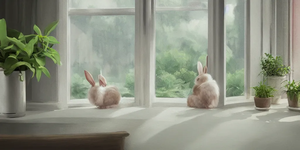 Image similar to beautiful peaceful dreamy painting of a content bunny sitting by a window and looking outside, sunshine coming through the window, small plants on the window sill, 8k, hyper realism, trending on artstation, octane render