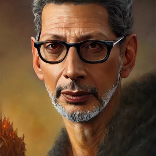 Image similar to jeff goldblum as a realistic fantasy d & d wizard, closeup portrait art by donato giancola and greg rutkowski, realistic face, digital art, trending on artstation