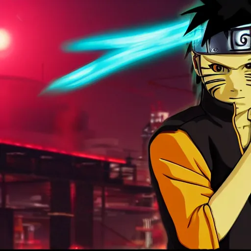 Prompt: naruto as cyberpunk 2077 character sitting on a train holding a katana