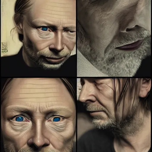 Prompt: collages, hyper realistic, many variations portrait of very old thom yorke, face variations, singer songwriter, ( side ) profile, liminal space, by lee bermejo, alphonse mucha and greg rutkowski, greybeard, smooth face